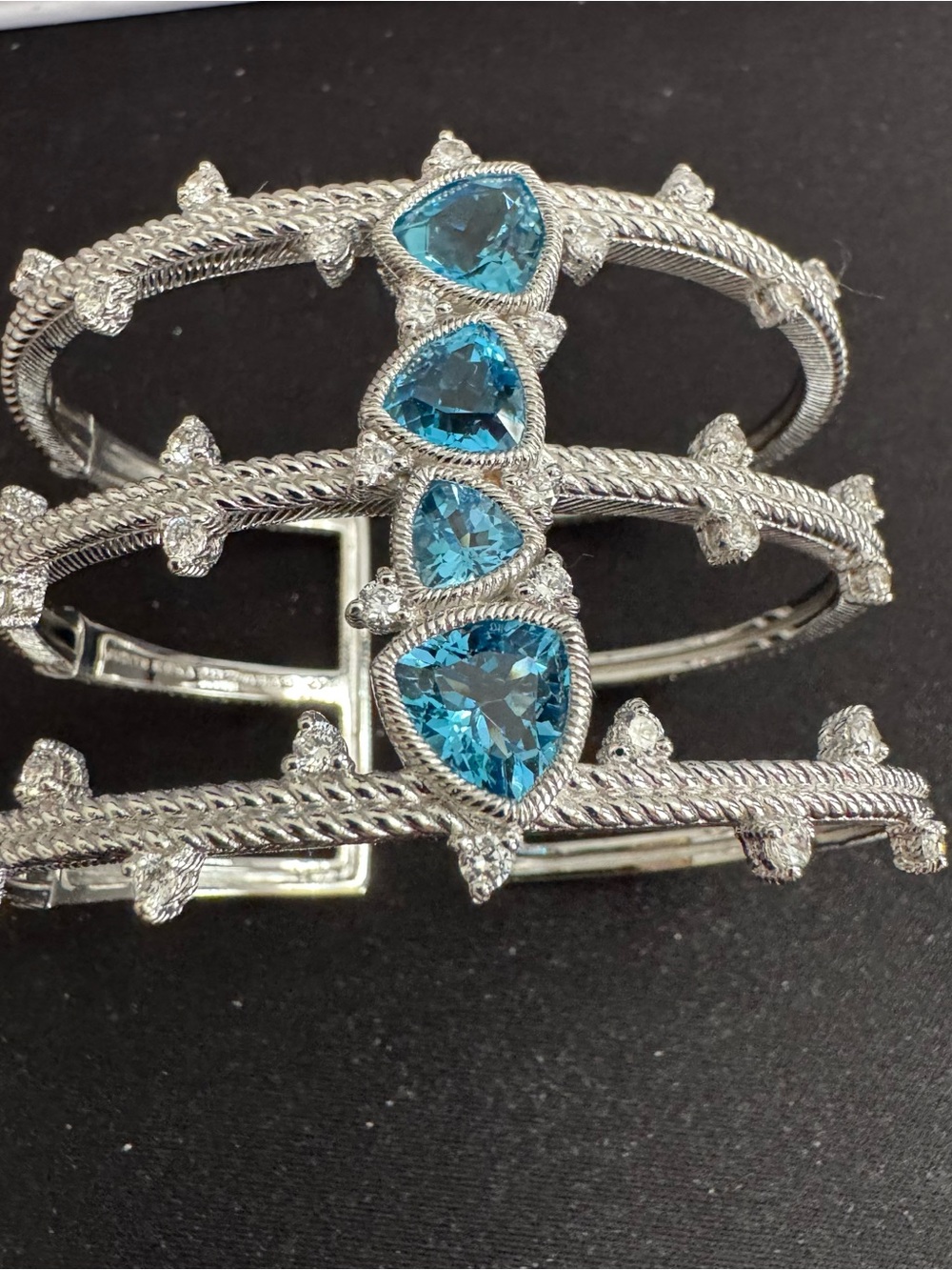Judith Ripka 925 Silver Triple Cuff Textured Bracelet w/ 4 Sparkling Blue Topaz